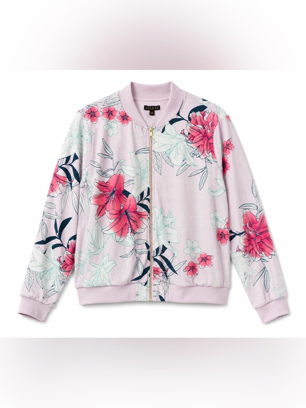 NWT! IMAN Floral Bomber Jacket Pink Tropical Print Zip-Up Size: Medium